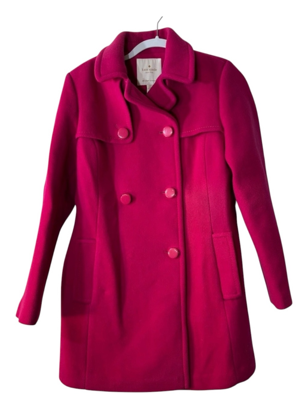 Kate Spade Wool Blend Double-Breasted Coat – Hot Pink, Size S/P (No Belt)